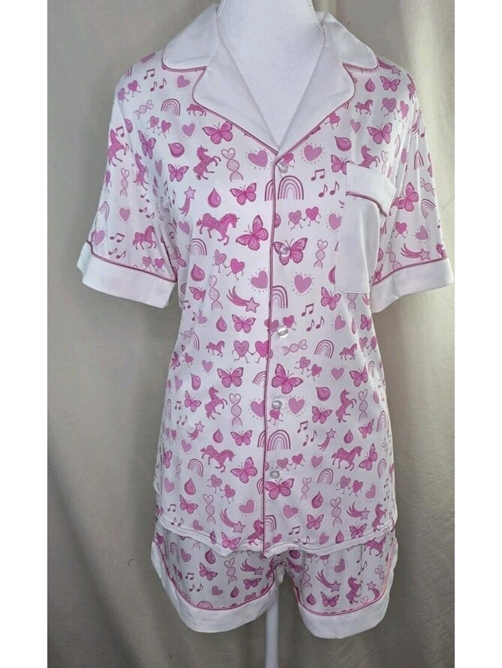 Sleepy Saturday Short PJ Set M White Pink Unicorn Pattern NWOT